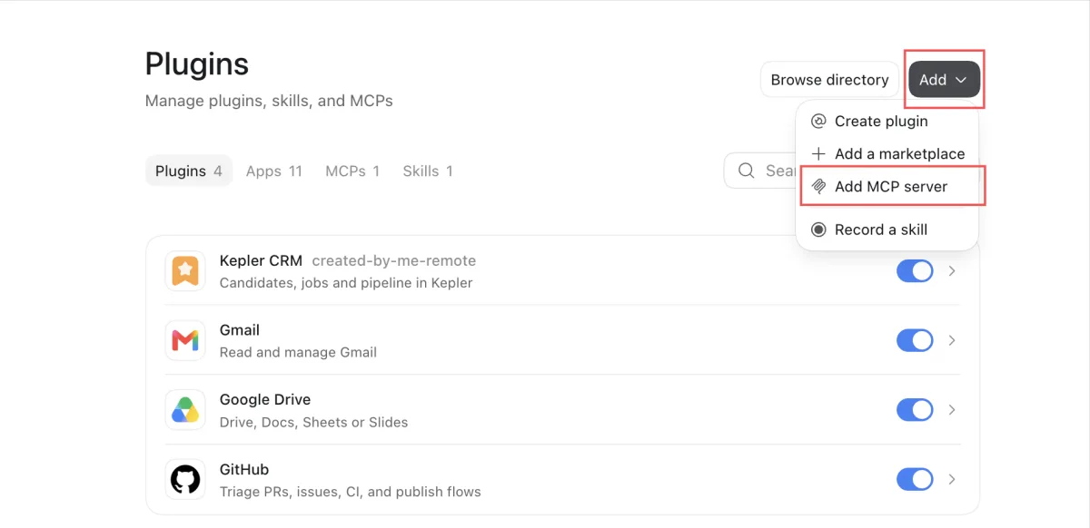 ChatGPT desktop app Plugins page with the Add menu open and Add MCP server highlighted