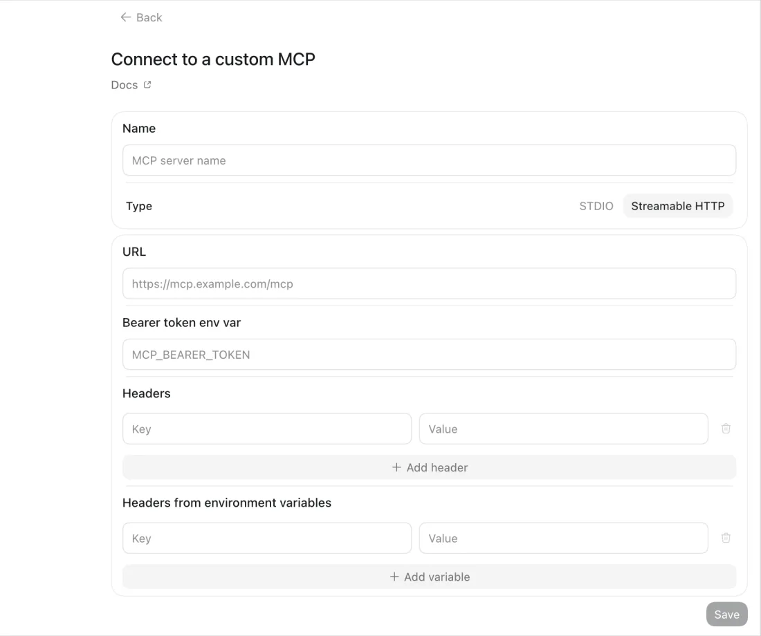 ChatGPT desktop app Connect to a custom MCP form with Name, Type set to Streamable HTTP, and URL
