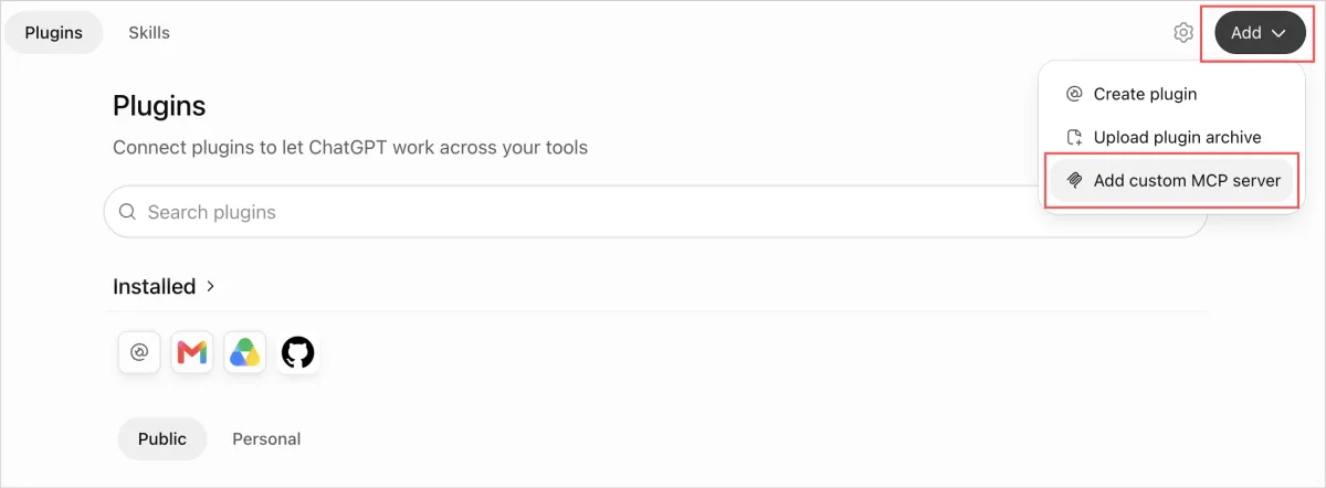 ChatGPT Plugins page with the Add menu open and Add custom MCP server highlighted