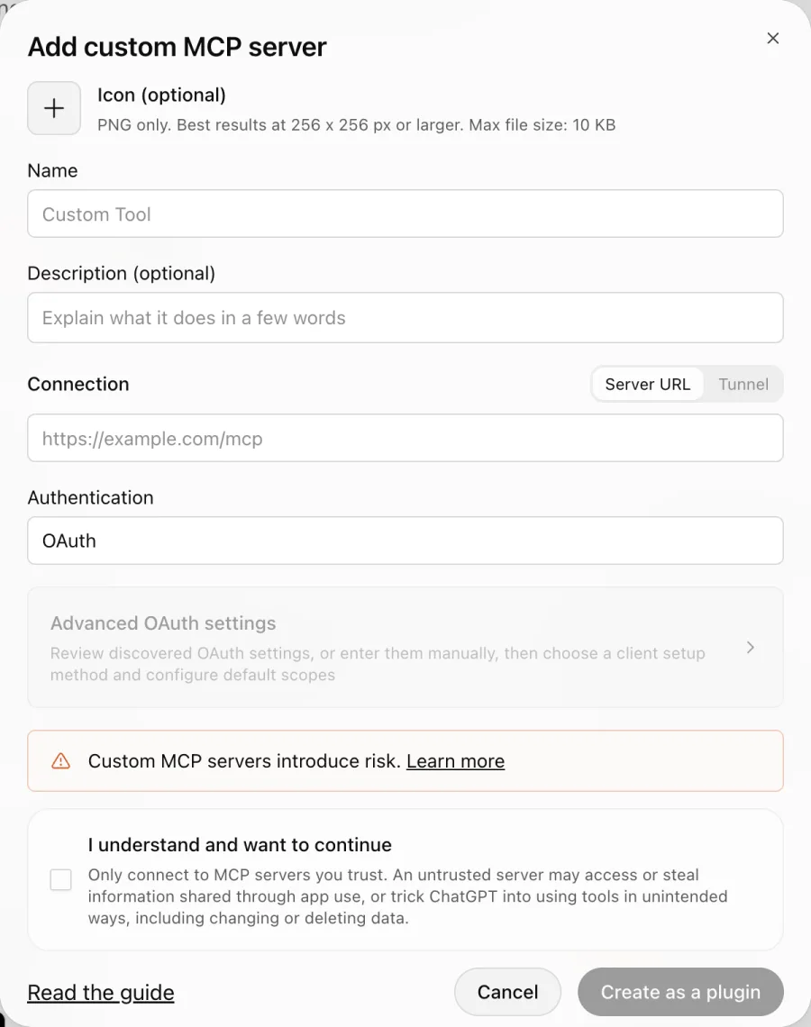 ChatGPT Add custom MCP server form with Name, Description, Connection, Authentication and the confirmation checkbox