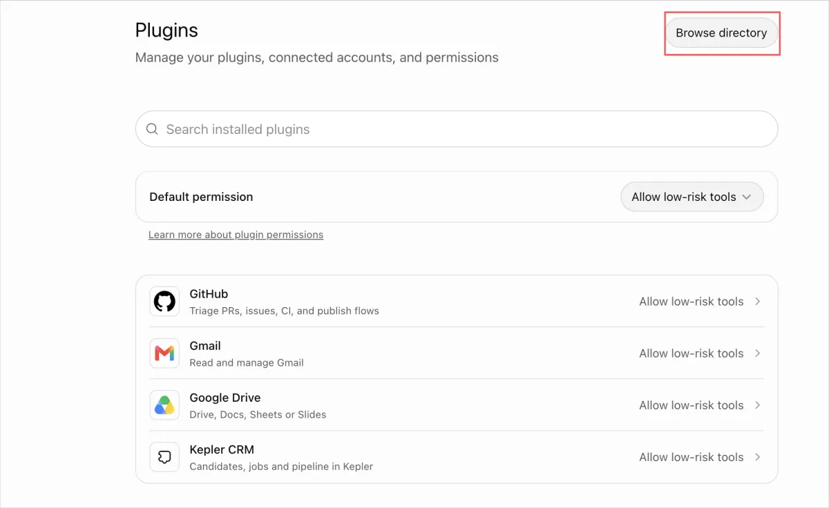 ChatGPT Settings, Plugins page listing Kepler CRM as an installed plugin